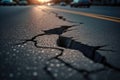 Earthquake, big crack in the asphalt road. Created with Generative AI technology Royalty Free Stock Photo