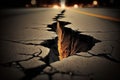 Earthquake, big crack in the asphalt road. Created with Generative AI technology Royalty Free Stock Photo