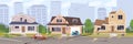 Earthquake city panorama vector illustration. Damaged house, cars and holes in ground. Destruction cityscape with cracks