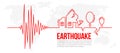 Earthquake concept with Red line Frequency seismograph waves cracked to houses and tree crack on map world texture background