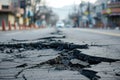 Earthquake cracked road street in city. Generative AI