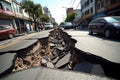 Earthquake cracked road street in city. Generative AI