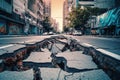 Earthquake cracked road street in city. Generative AI