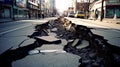 Earthquake cracked road street in city. Generative AI.