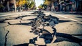 Earthquake cracked road street in city. Generative AI.