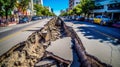 Earthquake cracked road street in city. Generative AI.