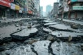 Earthquake cracked road street in city. Generative AI