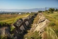 earthquake fault line, with view of the ground breaking and shifting during quake