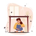 Earthquake illustration woman hiding under the table