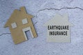 Earthquake insurance text on paper house model. Home insurance concept. Royalty Free Stock Photo