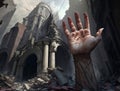 Earthquake survivor hand stretches out from under ruins of muslim buildings, earthquake surviving