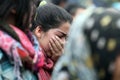 Earthquake victim young Turkish girl crying