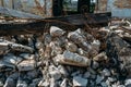 Earthquake or war aftermath or hurricane or other natural disaster, broken ruined buildings, pills of concrete garbage Royalty Free Stock Photo