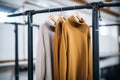 earthtoned rollneck sweaters on an industrial metal rack