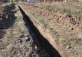 Earthworks, digging trench. Long earthen trench dug to lay pipe