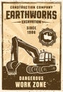 Earthworks vector vintage poster with excavator