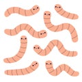 Earthworm set. Worm insect icon. Cartoon funny kawaii baby animal character. Cute crawling bug collection. Smiling face. Pink