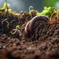 Earthworm on the surface of the soil, close-up