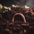 Earthworm on the surface of the soil, close-up