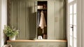 Earthy green cottage dressing room decor, interior design and country house home decor, boot room or walk-in wardrobe furniture,