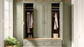 Earthy green cottage dressing room decor, interior design and country house home decor, boot room or walk-in wardrobe furniture,