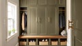 Earthy green cottage dressing room decor, interior design and country house home decor, boot room or walk-in wardrobe furniture,