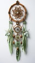 An earthy green dream catcher adorned with feathers