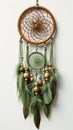 An earthy green dream catcher adorned with feathers