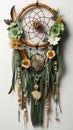 An earthy green dream catcher adorned with feathers and wooden beads