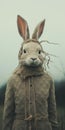 Earthy Naturalism: An Analog Portrait Of A Rabbit In Knitwear