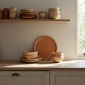 Earthy toned ceramic tableware arranged on shelves and a countertop in a kitchen Royalty Free Stock Photo