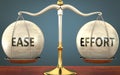 Ease and effort staying in balance - pictured as a metal scale with weights and labels ease and effort to symbolize balance and