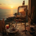 an easel with a beautiful painting on it, the artist painted a view of a sunset over the calm sea from a cliffs edge,