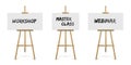 Easel blackboard, wooden chalkboard set, realistic black board tripods with text