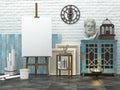 Easel with blank white canvas in the loft interior, 3d illustration of the artist`s studio Royalty Free Stock Photo