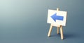 Easel with a blue left arrow. Sign of direction. Advertising of the location of a store or outlet. Minimalism. Restriction