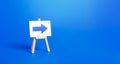 Easel with a blue right arrow. Sign of direction. Advertising of the location of a store or outlet. Minimalism. Distracting