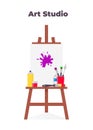 Easel, canvas, paint and all necessary tools for drawing. Beautiful composition for advertising art Studio Royalty Free Stock Photo