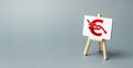 A easel with a canvas and a red Euro arrow down. National currency decline, devaluation and inflation. Adverse market conditions Royalty Free Stock Photo