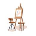 Easel and chair, artists workplace. Abstract painting on paper on wood tripod, art supplies on table, drawing artistic