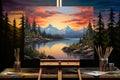 An easel displaying a landscape with mountains on the distant horizon, bathed in the radiant rays of the sunset