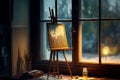 The easel and drawing board stand by the window on a rainy day, awaiting the artist\'s inspiration to paint a masterpiece