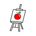 Easel icon with picture. Painting art board canvas stand with color apple image.