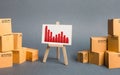 Easel with a negative trend in the middle of piles of cardboard boxes. Decrease in import export, drop in production and sales Royalty Free Stock Photo