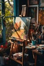 An easel with a painting on it in a room. Generative AI image. Royalty Free Stock Photo