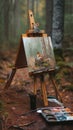 An easel with a painting of a squirrel in the woods. AI generative image. Royalty Free Stock Photo