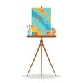 Easel with picture, palette, paints, brushes