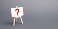 Easel with a question mark. Curiosity, mystery, investigation research. Poll Survey. Announcement of upcoming event, surprise.