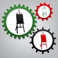 Easel sign. Vector. Three connected gears with icons at grayish