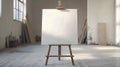 Easel with vertical blank canvas in bright minimalistic interior of the exhibition hall. Royalty Free Stock Photo